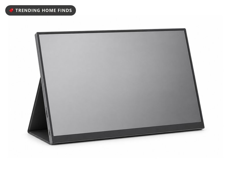 A slim dark gray 15.6 inch portable monitor standing on its folded magnetic cover.