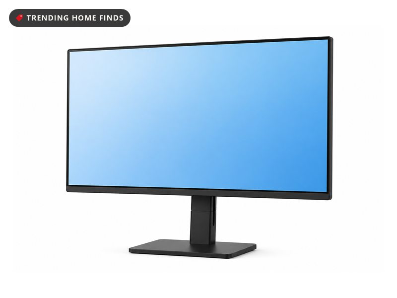 A thin bezel flat panel gaming monitor on a black height adjustable stand with a slim column.