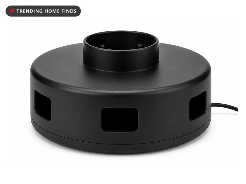 A round black rotating Christmas tree stand with a center trunk collar and outlets on its side.