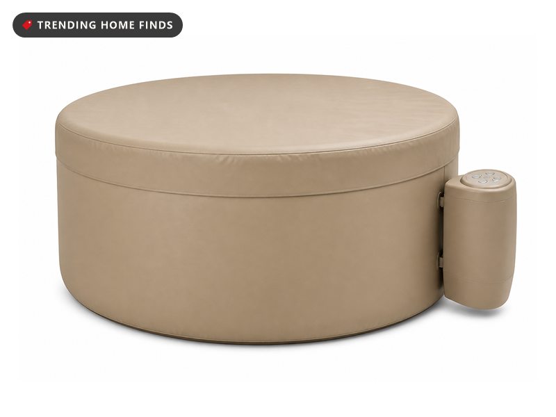 A round tan inflatable hot tub with a fitted cover and a small control unit.
