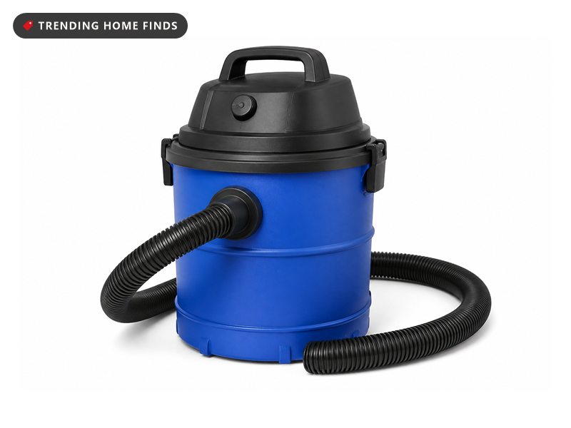 A blue 5 gallon wet dry shop vacuum with a black motor head and a flexible hose.