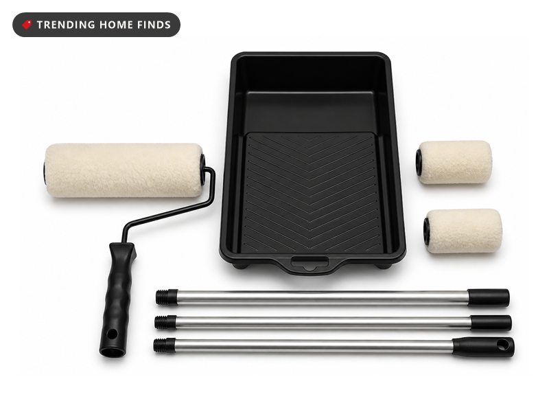 A paint roller kit with a nine inch roller, a black tray, two small rollers and a steel extension pole.