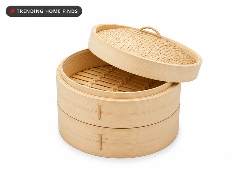 A two tier bamboo steamer, two round woven baskets under a domed woven lid.