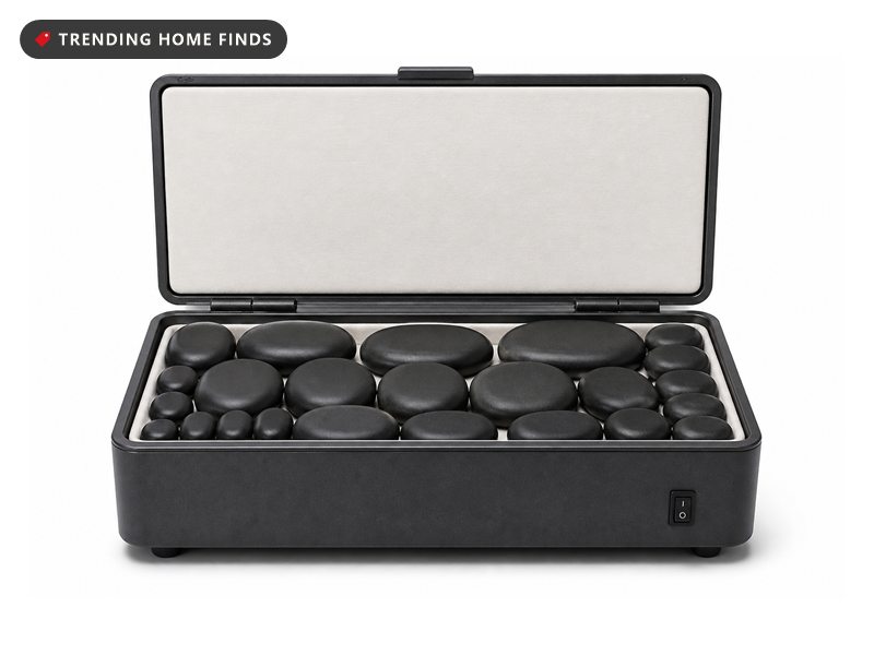 An open warming box holding a full layer of smooth black basalt stones.