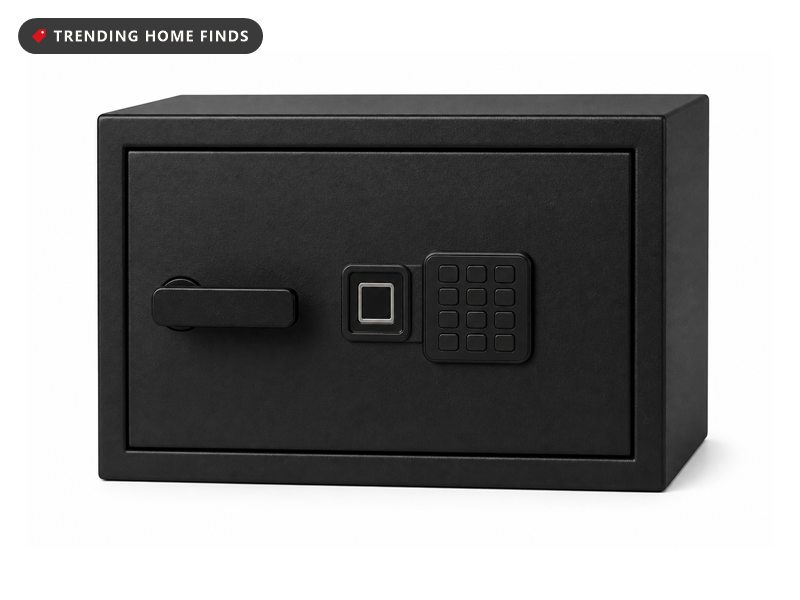 A black biometric home safe with a small fingerprint pad and a small keypad on its door.