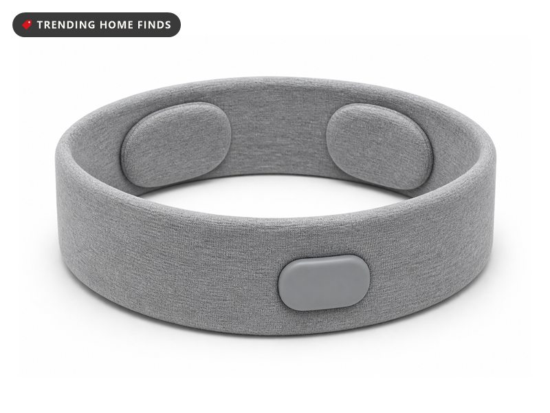 A soft gray fabric headband with thin speaker pads inside and a small control pod.