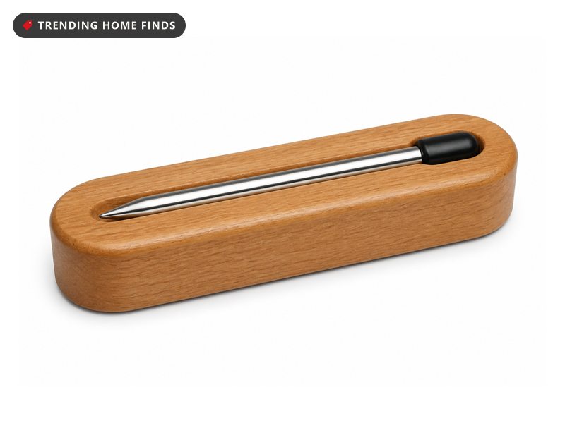 A slim stainless steel wireless meat probe resting in a honey colored wood charging block.