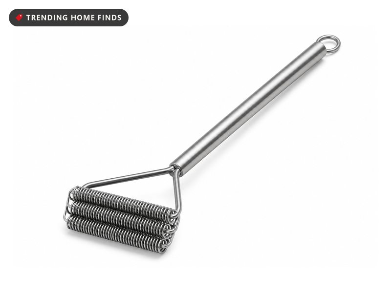 A bristle free grill brush with a long handle and a head of stainless steel coils.
