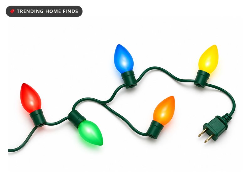 A string of big multicolor C9 bulbs glowing on a green wire.