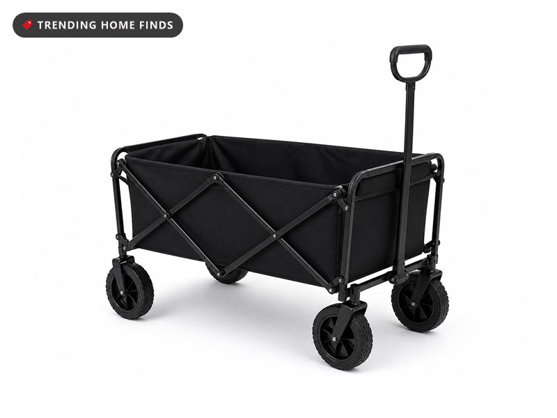 A black folding utility wagon on a steel frame with four wheels and a pull handle.