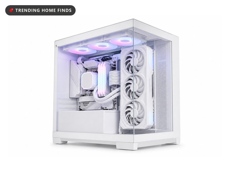 A white compact PC case with three glass panels showing a lit build with pastel fans inside.