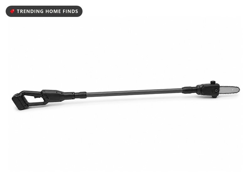 A cordless pole saw with a long dark gray pole, a battery near the handle and a small chainsaw head.