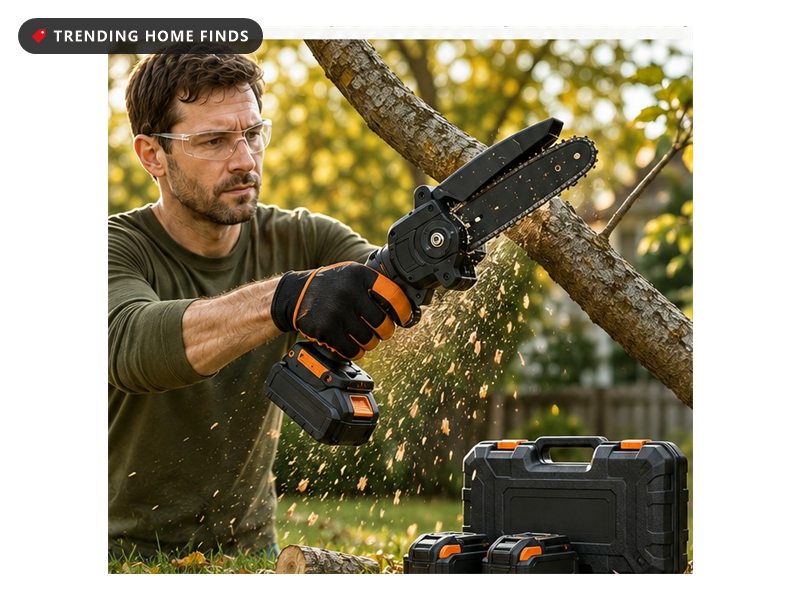 Cordless mini chainsaw pruning saw cutting a tree branch outdoors