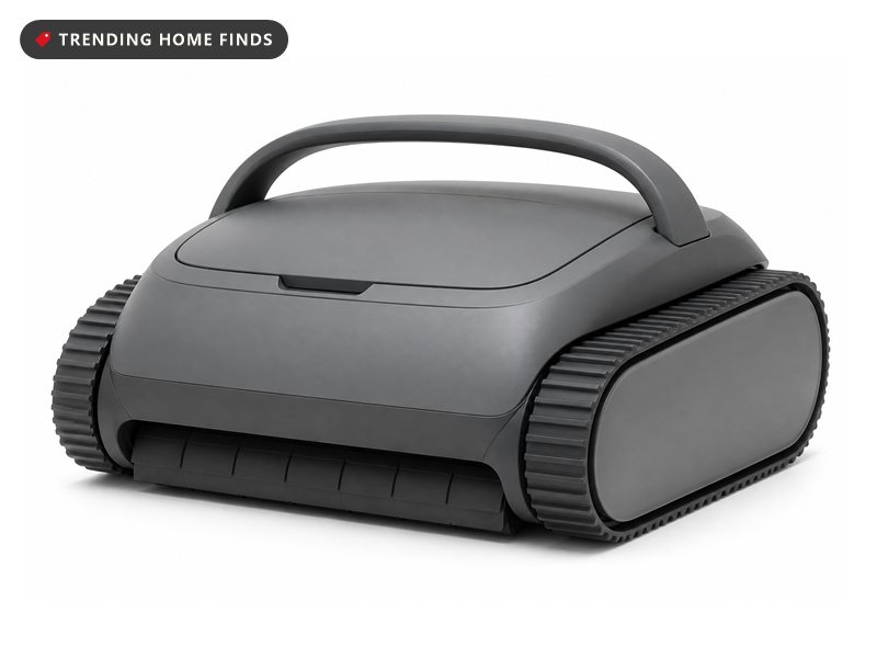 A compact cordless robotic pool cleaner with a floating handle loop on top, shown out of the water.