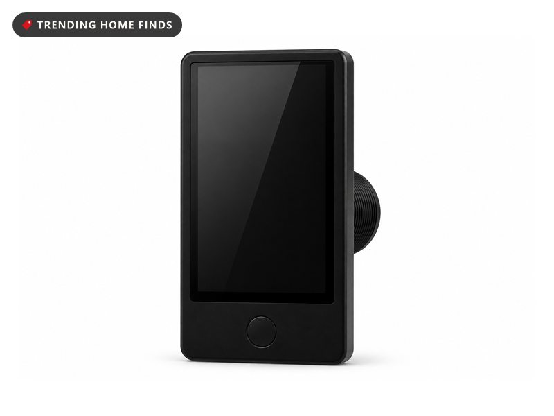 A slim black peephole camera monitor with a glossy screen and one round button.