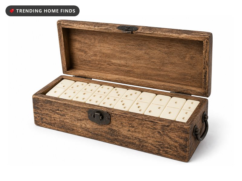 A rustic wood box with a metal latch, open to show ivory colored double twelve domino tiles.