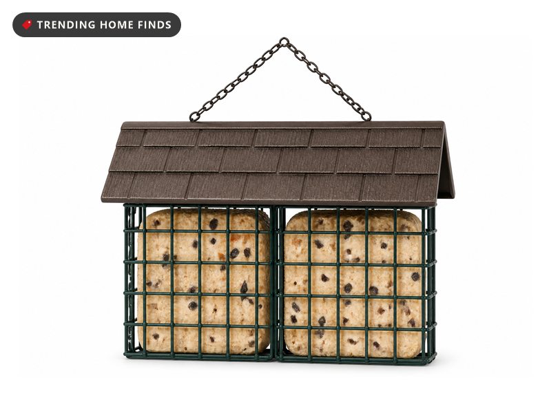 A double suet bird feeder with two wire cages under a brown shingle style roof.