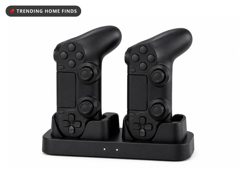 A black dual controller charging dock holding two controllers upright.