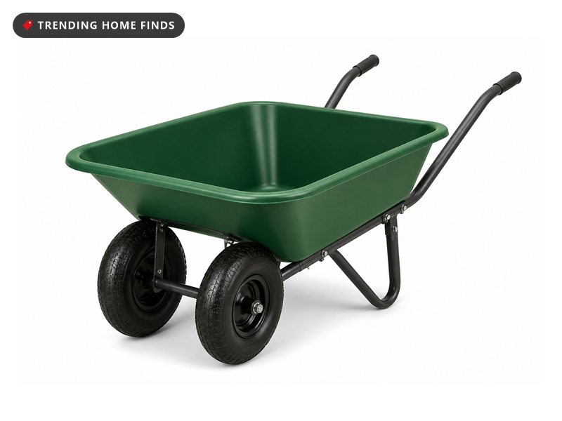 A green plastic yard wheelbarrow with two front wheels, a steel frame and a built-in stand.