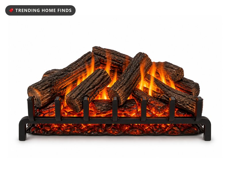 A black metal grate holding molded resin logs with glowing embers and orange flames rising between them.