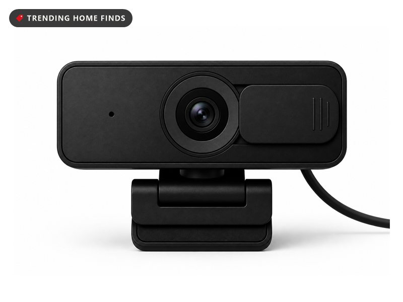 A compact black webcam on a small clip mount with a large round lens and a slide across privacy shutter.