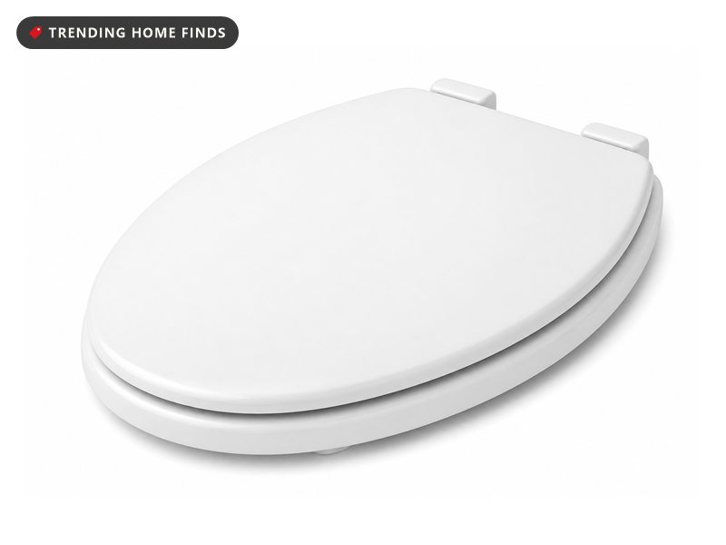 A white elongated oval toilet seat with a soft close lid and small hinge covers.