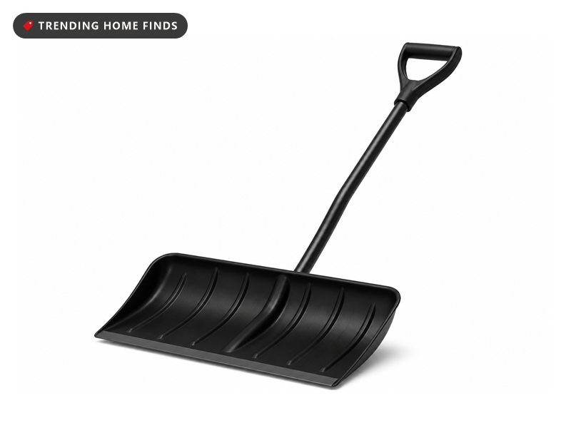 A snow shovel with a wide black poly blade, a bent shaft and a large black D grip at the handle end.