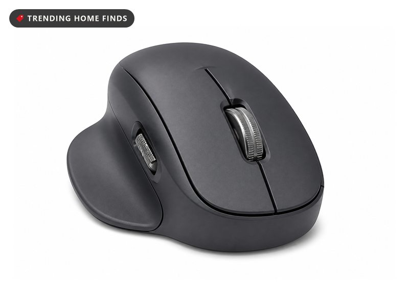 A graphite ergonomic wireless mouse with a thumb rest and a large metal scroll wheel.