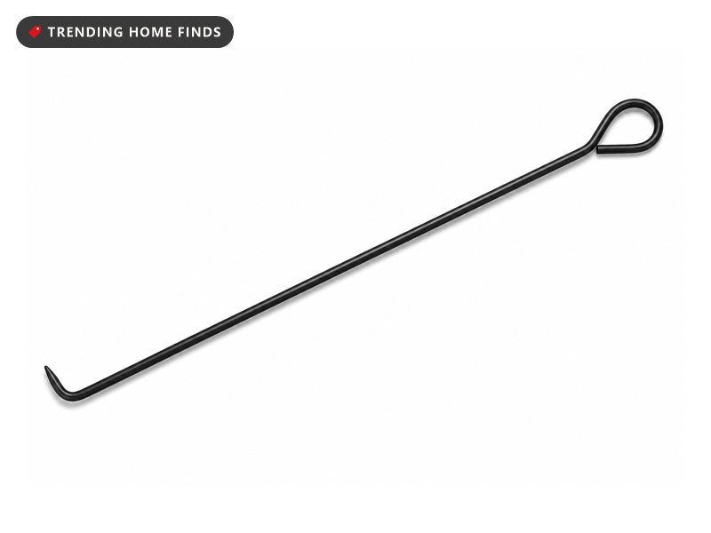 A long straight black steel fire poker with a hooked point and a looped handle.