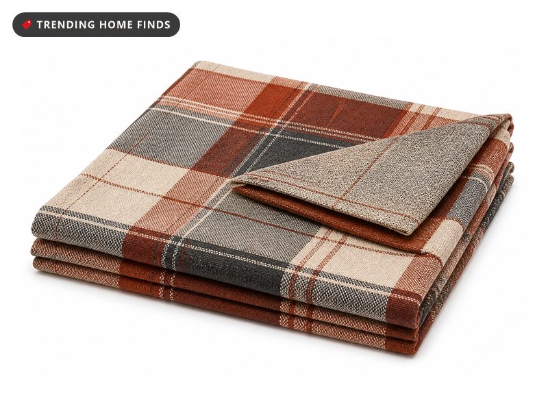 A rectangular woven tablecloth in a rust, cream and charcoal autumn plaid, folded into a neat flat stack.