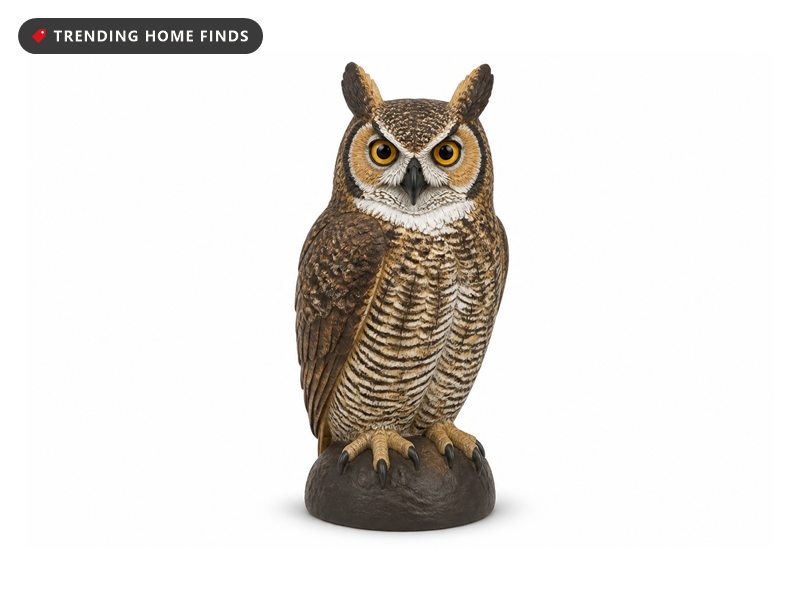 A realistic great horned owl decoy with painted brown feathers, ear tufts and amber eyes.