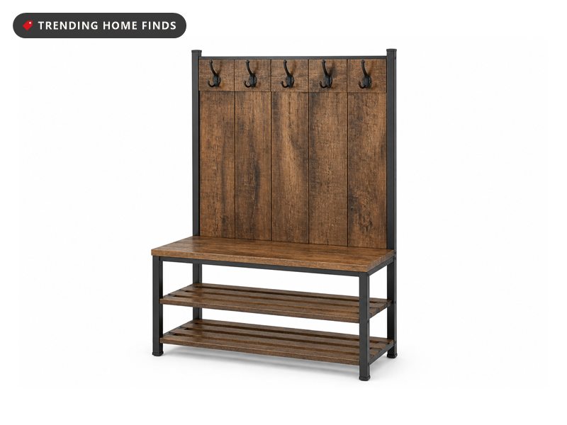 A rustic brown hall tree with a row of black coat hooks, a bench seat and a two tier shoe rack.