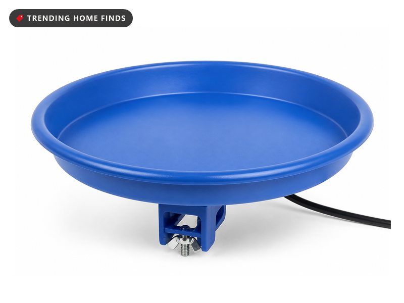 A round blue heated bird bath bowl with a clamp mounting bracket and a short power cord.