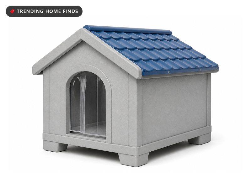A small insulated cat house with pale gray walls, a blue tile roof and an arched flap door on a raised floor.
