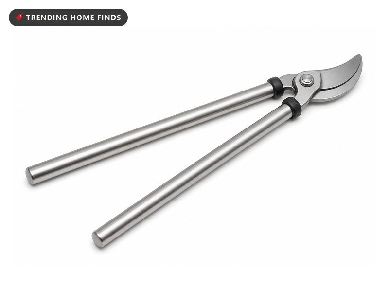 A pair of bypass loppers with two long handles, curved blades and rubber bumpers below the blades.