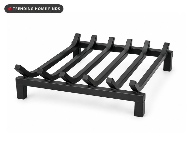 A black steel fireplace log grate 23 inches wide, with six thick square bars in a V-shaped basket.