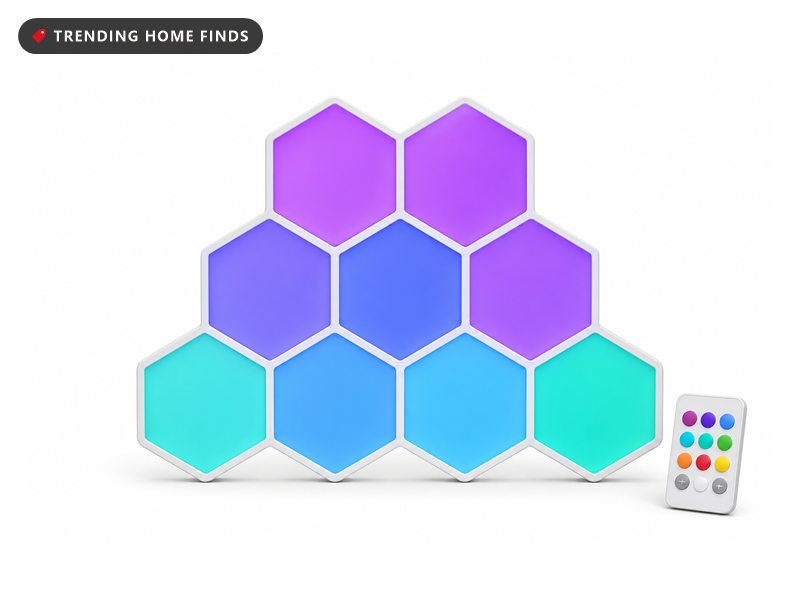 Ten hexagon light panels joined in a honeycomb shape, glowing violet, blue and teal.