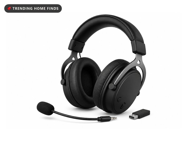 A black over ear wireless gaming headset with memory foam cushions, a detachable boom mic and a small USB dongle.