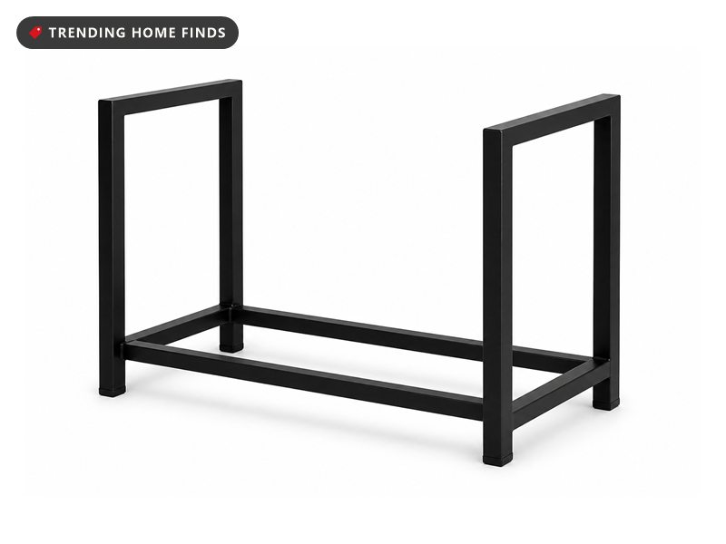 A compact black powder coated steel firewood rack with two end frames and lower rails on short feet.