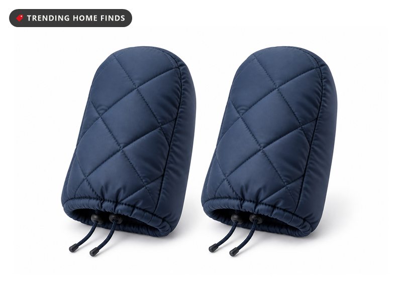 Two padded outdoor faucet covers in plain fabric, drawstrings hanging loose at the open ends.