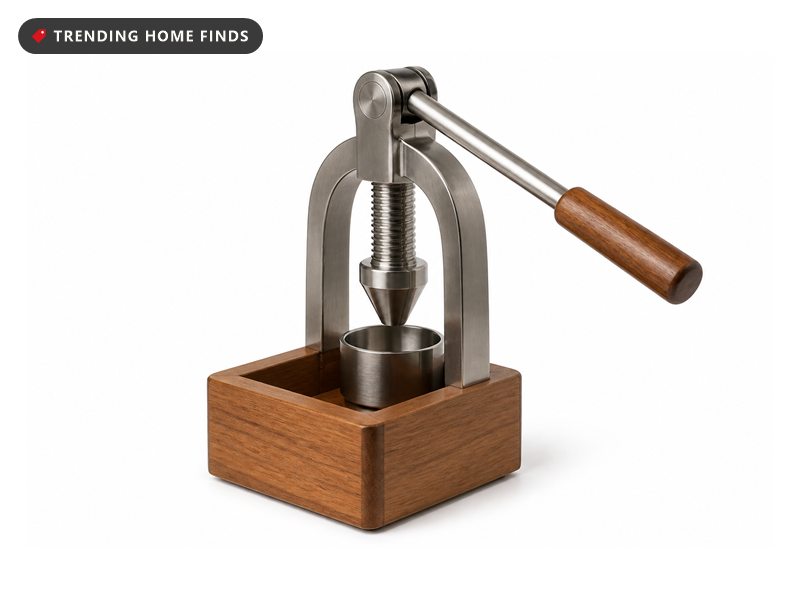 A lever nutcracker with a steel frame and wooden grip over a square wooden box bowl base.
