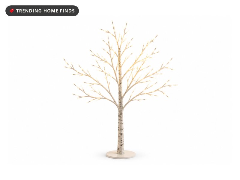 A four foot white birch look tree with thin bare branches carrying small warm white lights.