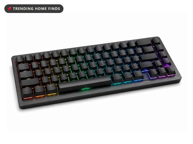 A slim low profile tenkeyless keyboard with a brushed dark aluminum top and RGB light under blank keys.