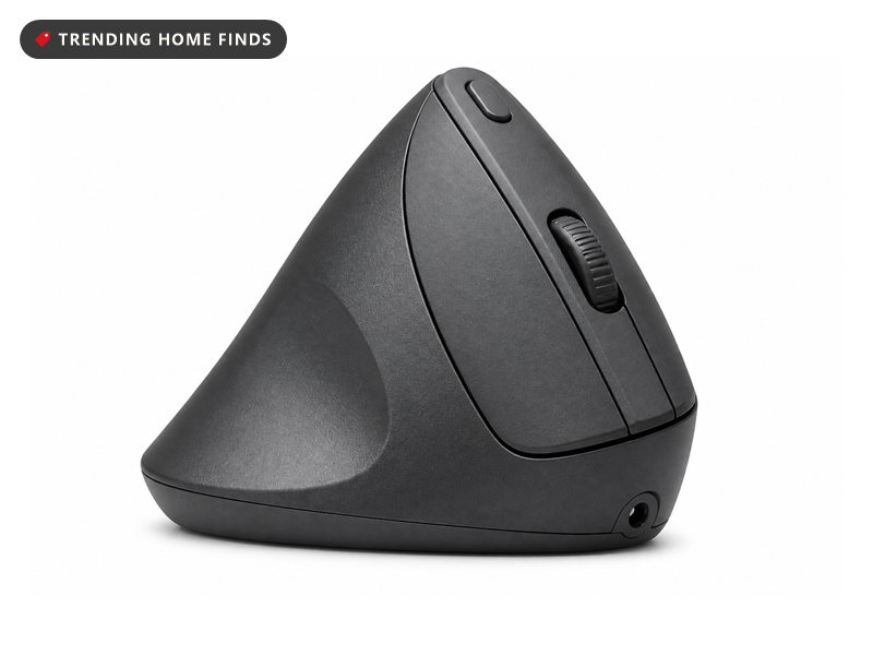 A tall graphite vertical mouse with a tilted grip face, a thumb rest and two long main buttons split by a scroll wheel.