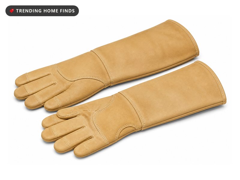 A pair of long tan cowhide gardening gloves with stiff gauntlet cuffs and reinforced palms, laid flat.