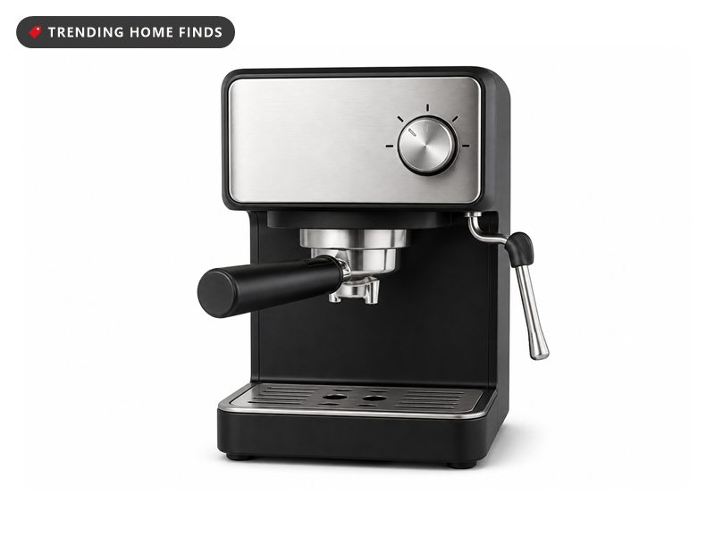A compact black espresso machine with a stainless front, a portafilter and a steam wand.