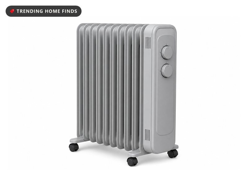 A gray oil filled radiator heater with tall rounded fins on caster feet.