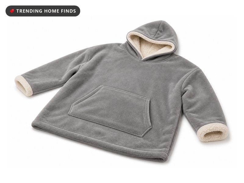 An oversized gray fleece wearable blanket hoodie with a cream sherpa lining, long sleeves and a front pocket.