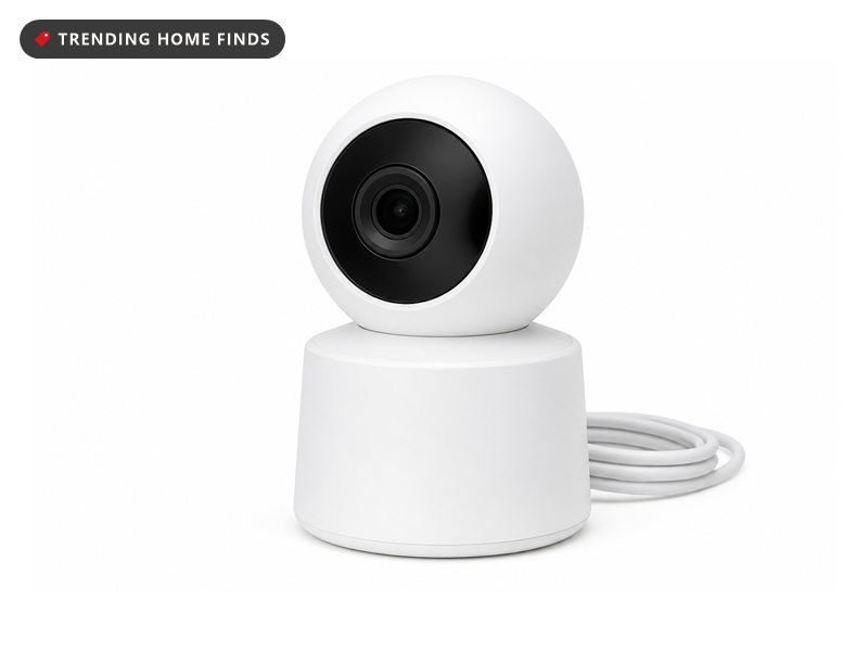 A small white indoor camera with a round base and a ball head holding one round black lens.