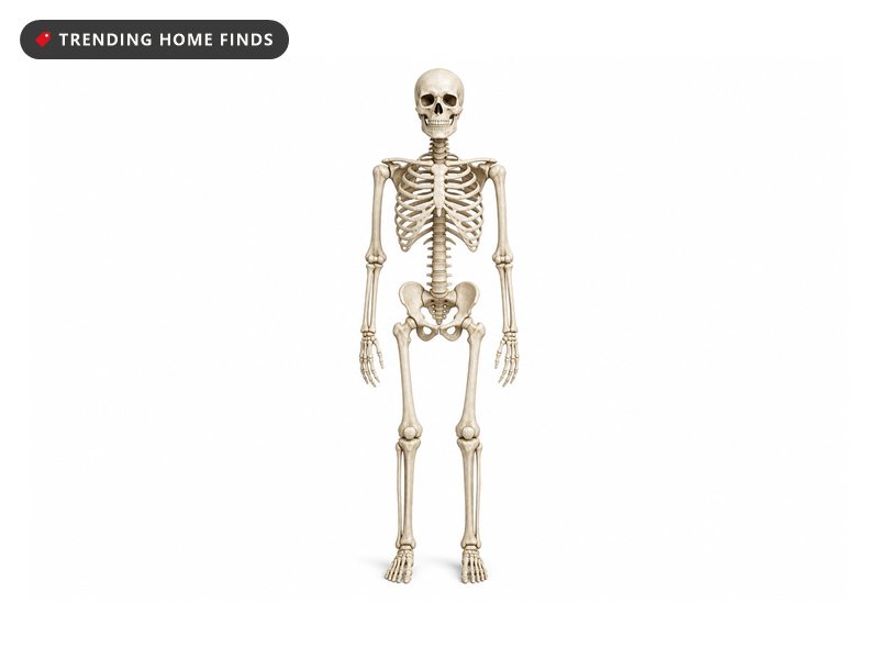 A life size posable plastic Halloween skeleton standing upright with its arms at its sides.